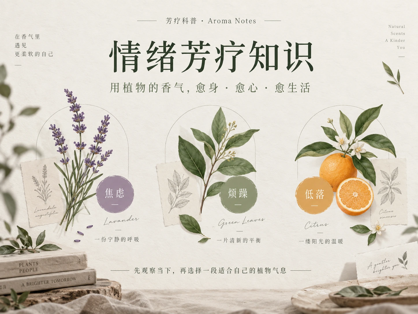 情绪芳疗知识内容图：薰衣草、叶片和柑橘对应焦虑、烦躁与低落三种情绪观察