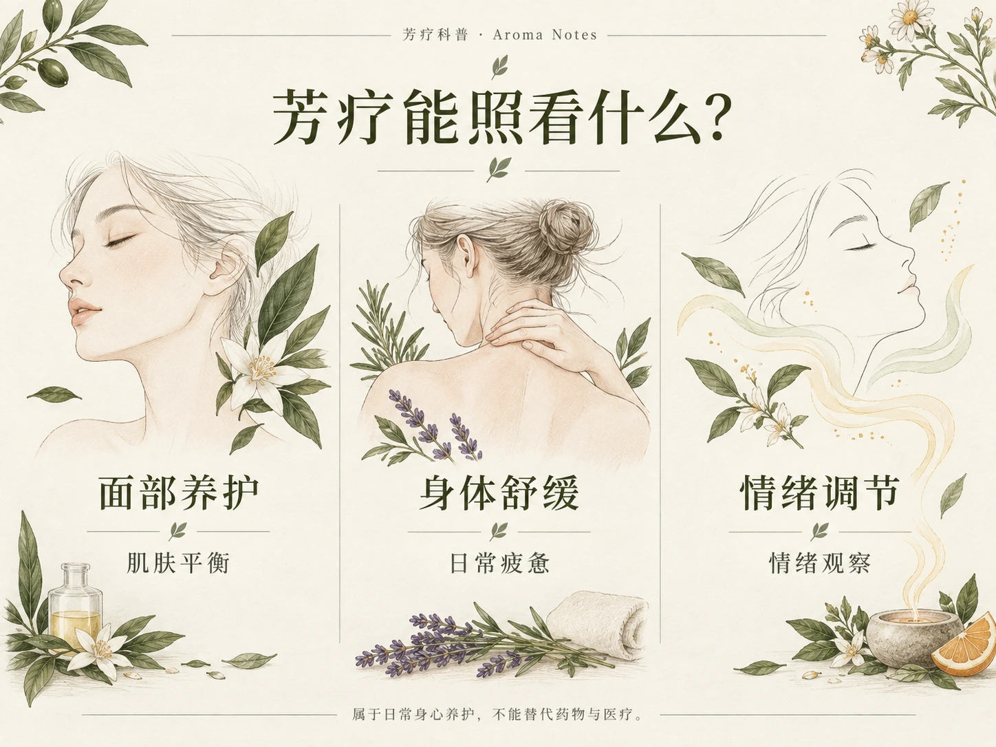 芳疗作用内容图：面部养护、身体舒缓与情绪调节三组植物手绘单元