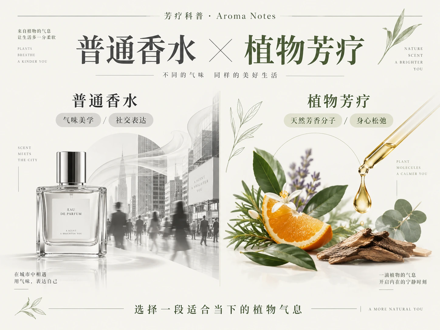 普通香水与植物芳疗对照内容图：香水瓶、城市气味与植物精油、柑橘和木质材料