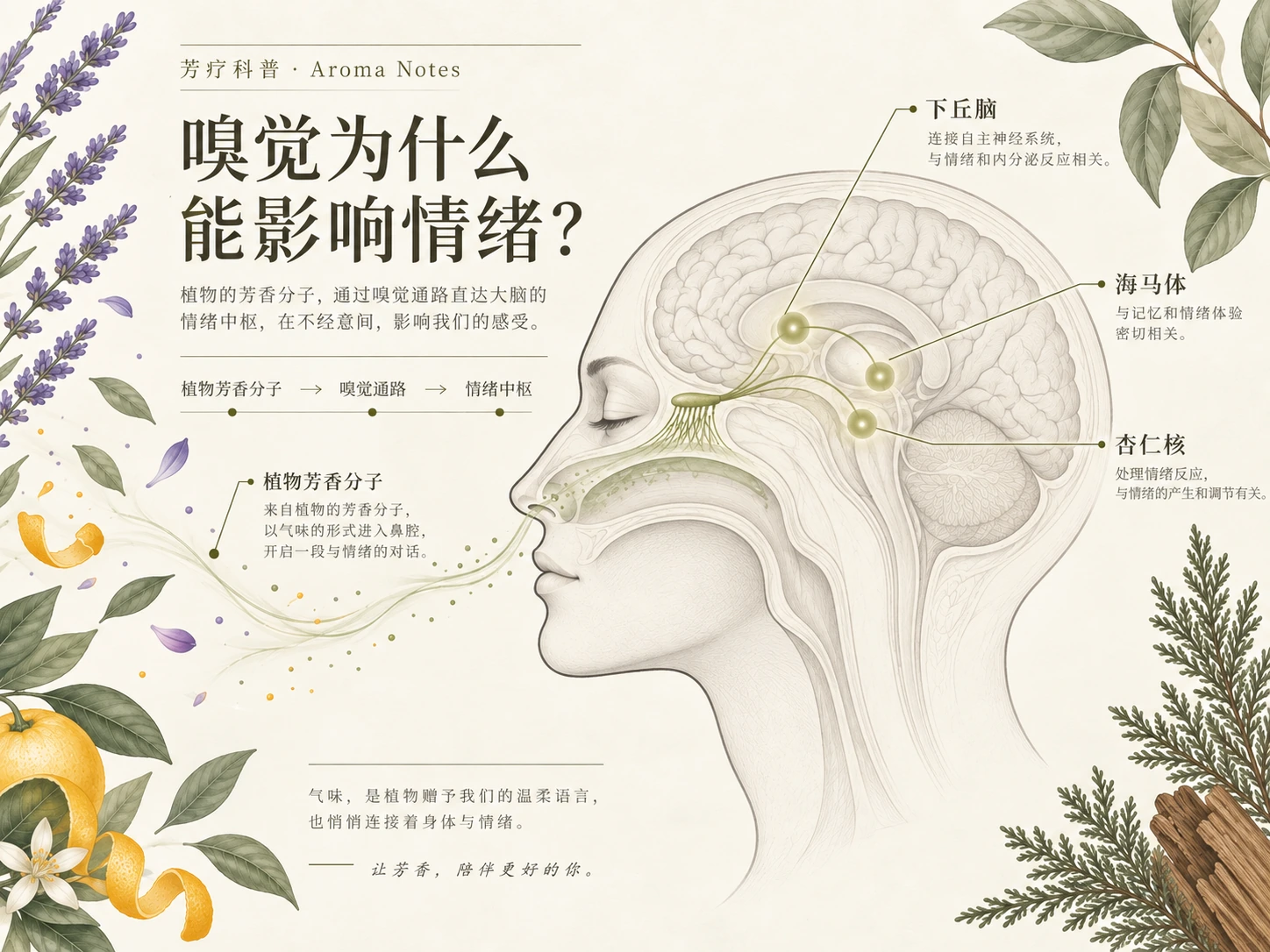 嗅觉通路内容图：植物芳香分子、嗅觉通路、情绪中枢与三个脑区说明