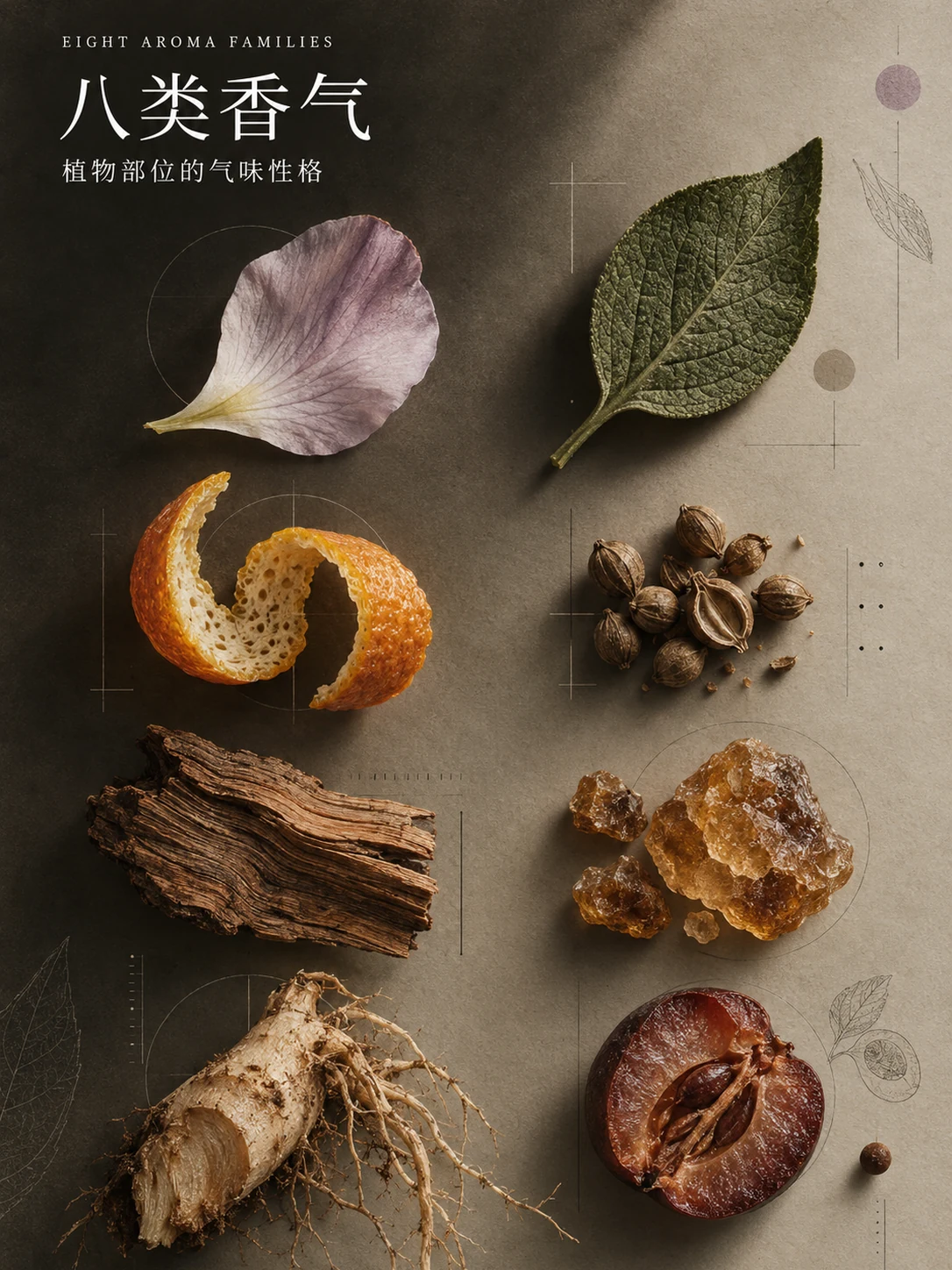 八类精油香气：花类、叶类、果皮类、果实类、木质类、树脂类、根茎类与种子类