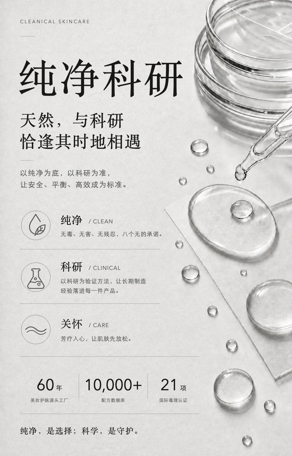 纯净科研、纯净、科研与关怀三项理念及品牌科研数据构成的中性银盐编辑图