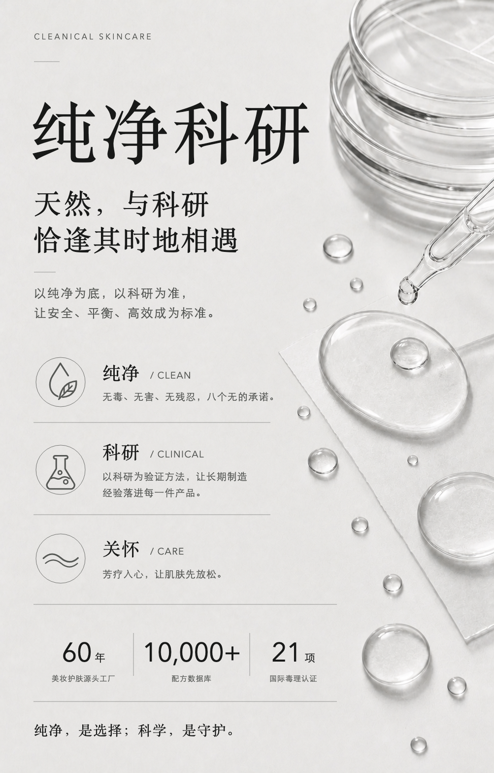 纯净科研、纯净、科研与关怀三项理念及品牌科研数据构成的银盐编辑图